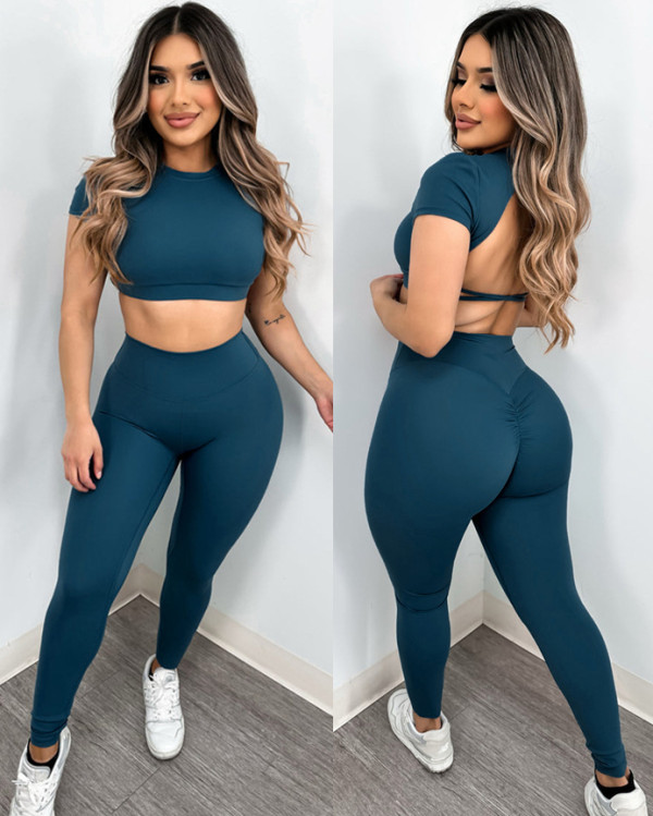 Solid color short-sleeved backless yoga shirt tight trousers sports yoga wear
