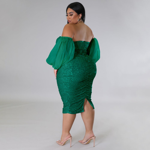 Plus size women's sexy sequin solid color evening dress