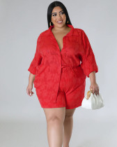 Plus size women's hollow out chiffon jacquard top and shorts two-piece set