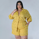 Plus size women's hollow out chiffon jacquard top and shorts two-piece set