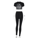 Solid color short-sleeved backless yoga shirt tight trousers sports yoga wear