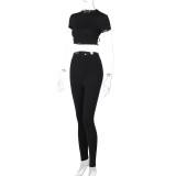Solid color short-sleeved backless yoga shirt tight trousers sports yoga wear