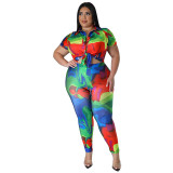 Plus size women's printed summer short-sleeved trousers set