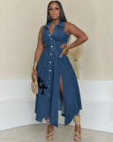 Summer Plus Size Sleeveless Slit Long Denim Dress
