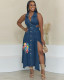 Summer Plus Size Sleeveless Slit Long Denim Dress