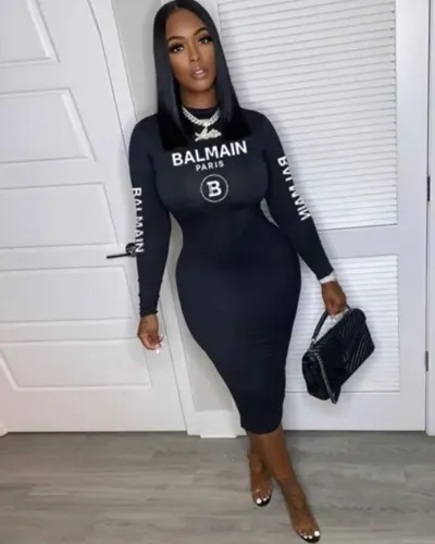Letter print long sleeve slim fit long bodycon dress