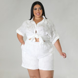 Plus size women's hollow out chiffon jacquard top and shorts two-piece set