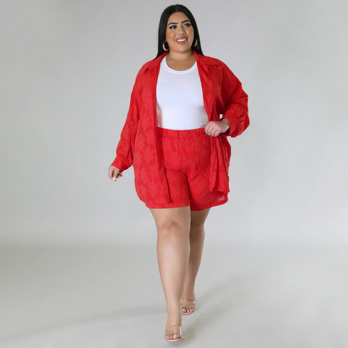 Plus size women's hollow out chiffon jacquard top and shorts two-piece set