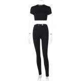 Solid color short-sleeved backless yoga shirt tight trousers sports yoga wear