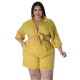 Plus size women's hollow out chiffon jacquard top and shorts two-piece set