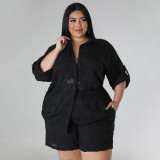 Plus size women's hollow out chiffon jacquard top and shorts two-piece set