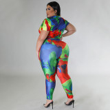 Plus size women's printed summer short-sleeved trousers set