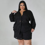 Plus size women's hollow out chiffon jacquard top and shorts two-piece set
