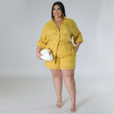 Plus size women's hollow out chiffon jacquard top and shorts two-piece set