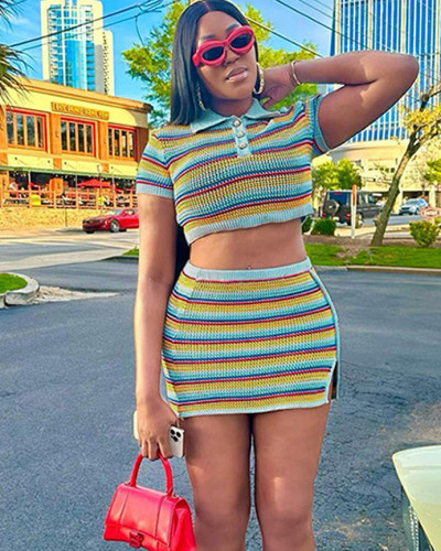 Summer women's knitted stripes colorful short-sleeved two-piece skirts set