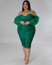 Plus size women's sexy sequin solid color evening dress