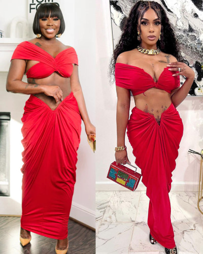 Sexy sleeveless tube top stretch tight long pleated skirt two-piece set