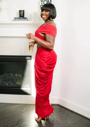 Sexy sleeveless tube top stretch tight long pleated skirt two-piece set