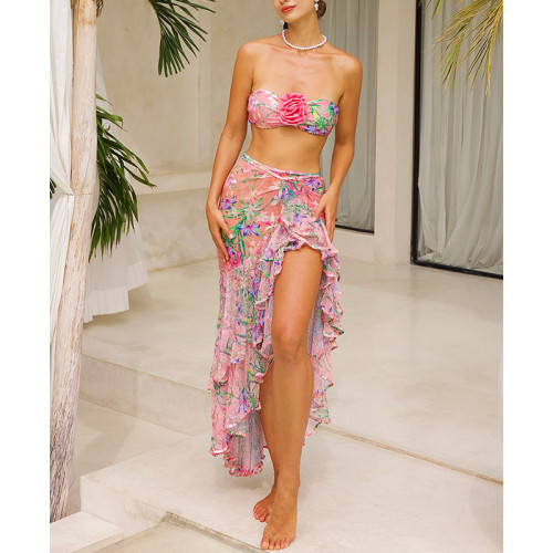 Retro 3-piece swimsuit women's vacation flower cover-ups swimwear