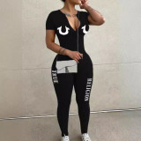 Fashionable one-piece women's long-sleeved letter print jumpsuit