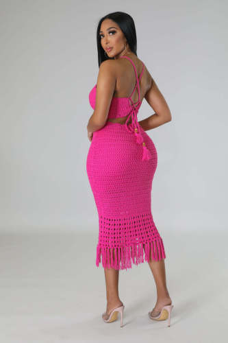 Tassel fishnet knitted casual two-piece set