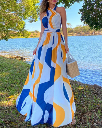 Summer print halter neck high waist slit long holiday dress