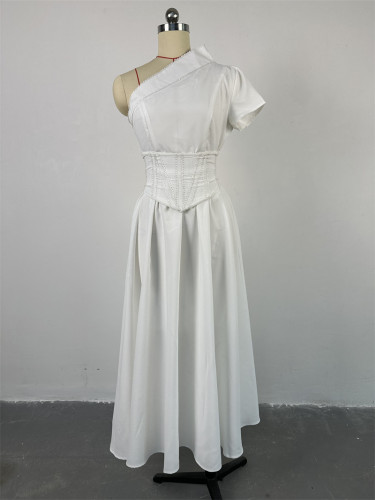 Summer slant collar short-sleeved waist formal long dress