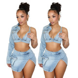 Denim stretch slit denim skirt set