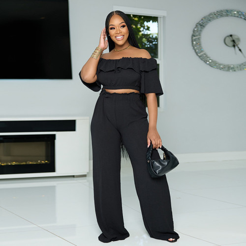 Summer off-shoulder ruffled crop top wide-leg trousers set