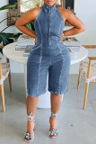 Halter neck open back jumpsuit zippered backless stretch denim rompers