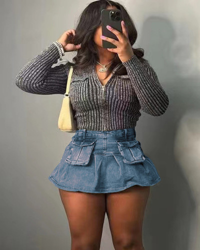 (Presale) Denim stretch 3D pocket mini skirt