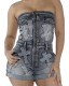 Embroidered bandeau stretch denim rompers jumpsuit