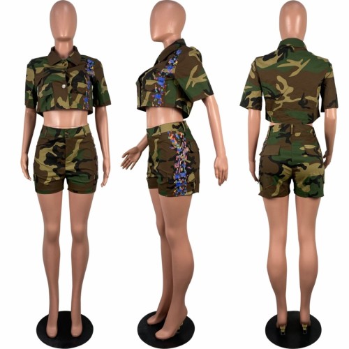 Fashionable print camouflage two-piece shorts set
