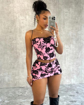 Summer fashionable rose printed sling sexy slim fit short skirt set