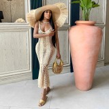 Casual sexy hollow out solid color V-neck knitted sleeveless beach dress