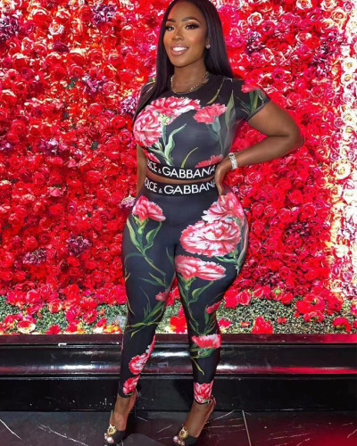 Sexy fashionable casual colorful flower print two-piece pant set