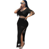 Women's casual sexy slit knitted tassel two-piece beach cover-up skirt set
