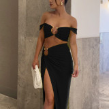 Sexy tube top pleated slit skirt O-ring two piece set