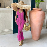 Casual sexy hollow out solid color V-neck knitted sleeveless beach dress