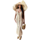 Casual sexy hollow out solid color V-neck knitted sleeveless beach dress