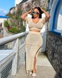 Women's casual sexy slit knitted tassel two-piece beach cover-up skirt set