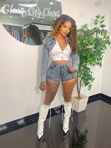 Colorblock denim stretch shorts two-piece set