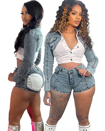 Colorblock denim stretch shorts two-piece set
