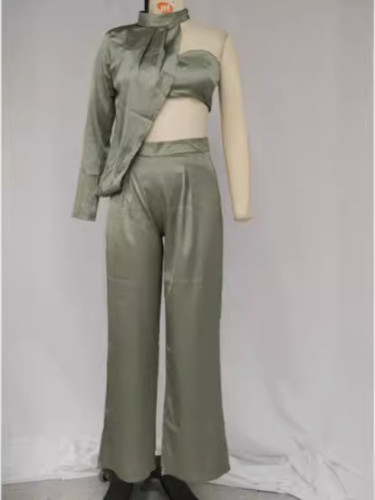Elegant halter neck slanted shoulder top sexy wide-leg pants set