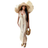 Casual sexy hollow out solid color V-neck knitted sleeveless beach dress