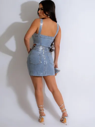 Sexy shiny blue stretch denim vest skirt two piece set