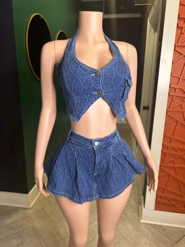 Slim fit halter neck washed sleeveless vest casual denim skirt suit