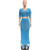 Women's casual sexy slit knitted tassel two-piece beach cover-up skirt set