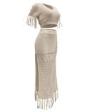 Women's casual sexy slit knitted tassel two-piece beach cover-up skirt set