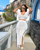 Women's casual sexy slit knitted tassel two-piece beach cover-up skirt set